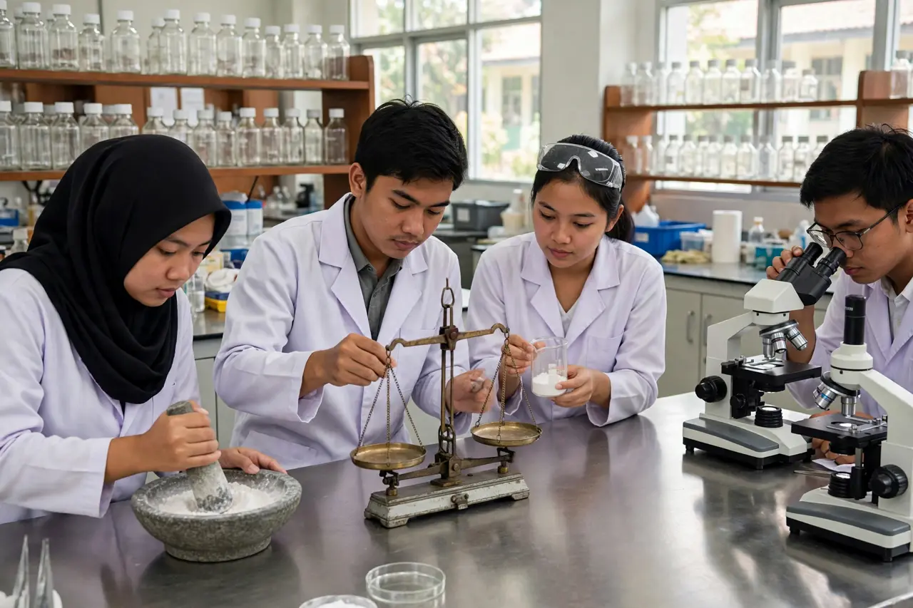 Praktik peracikan di laboratorium farmasi