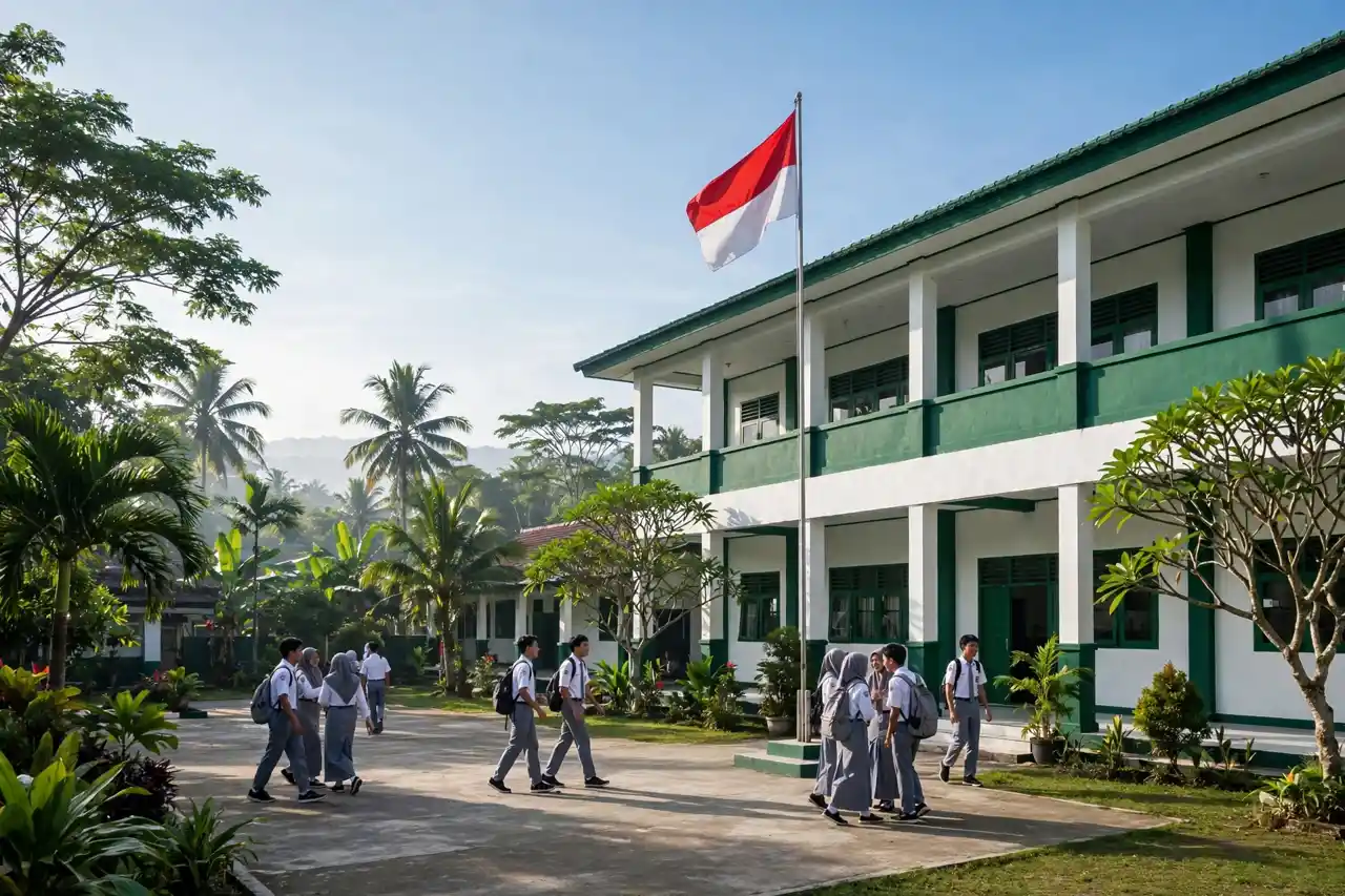 Gedung sekolah dan halaman SMK Bina Nusa Slawi pada pagi hari